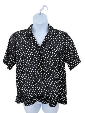 Alfred Dunner Womens Black & White Polka Dot Blouse With Ruffle Hem Size 14